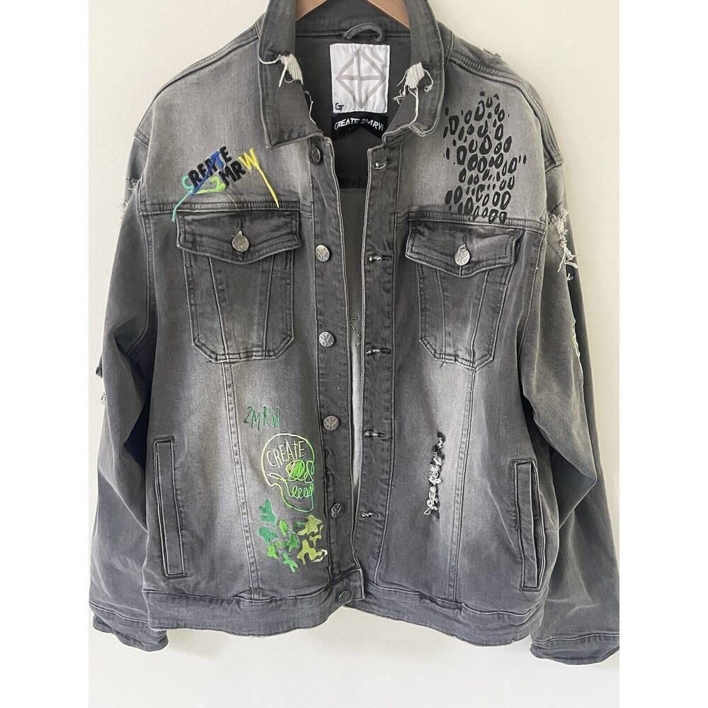 Create 2MRW Mens 2XL Faded Black Denim Destroyed Distressed Streetwear Jacket